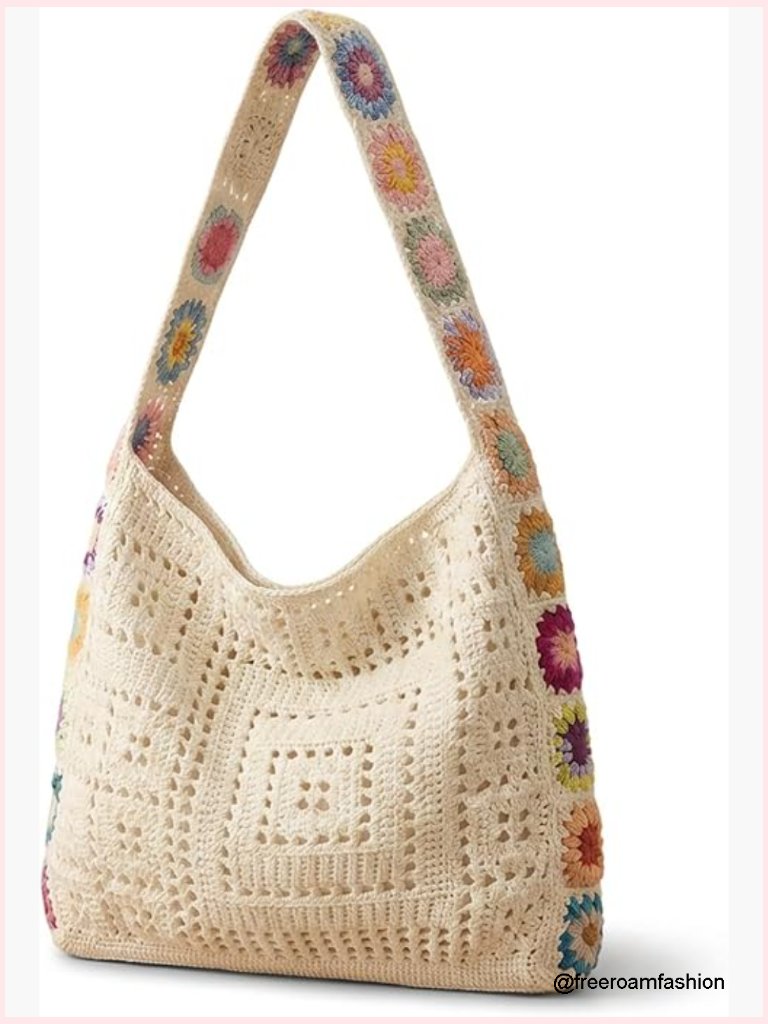 Handcrafted Boho Crochet Beach Tote Bag Flower Embroidered Shoulder Bag Summer